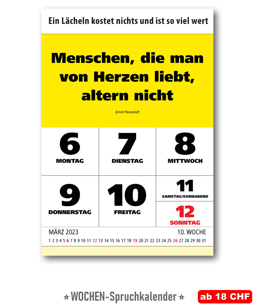 Wochenspruch-Kalender von Impuls-Kalender GmbH mit wöchentlichem Motivationsspruch, englischer Übersetzung, Mondphasen, Namenstage Zitate Sprüche Leitspruch Lächle